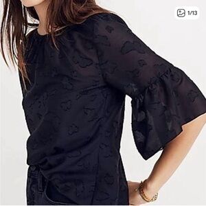 Madewell S Black Ruffle Sleeve Tie Back Shirt Small Butterfly Sheer Jacquard